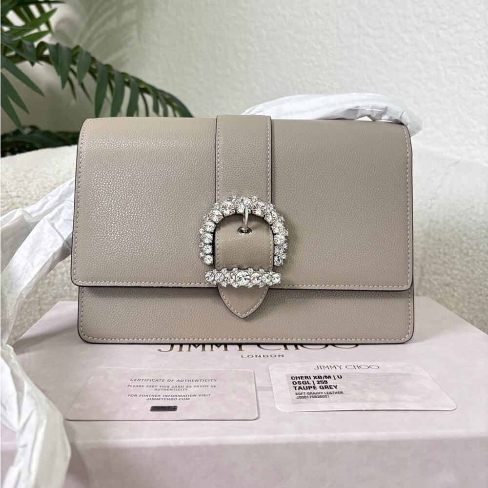 Jimmy Choo Taupe Grey Crystal Buckle Crossbody Bag